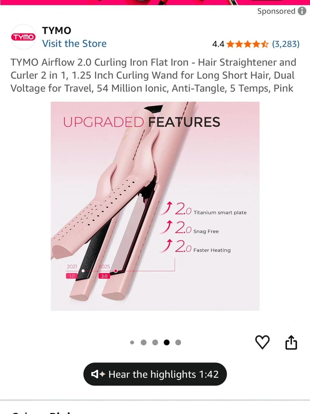TYMO Airflow 2.0 Pink 2-in-1 Curling Iron & Flat Iron